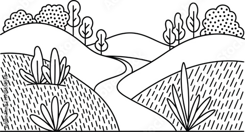 Serene landscape with rolling hills and lush foliage in simple line art style