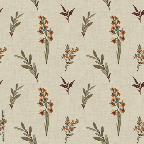  Sweet, scattered wildflower sprigs in gold and sage. A light, airy pattern designed for delicate apparel and sophisticated table linens.