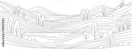 Simple landscape illustration featuring rolling hills, trees, and a body of water