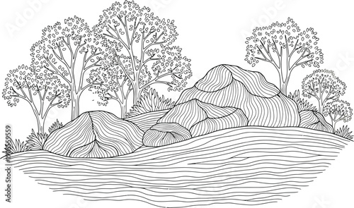 Serene landscape illustration featuring trees, hills, and water elements in a peaceful scene