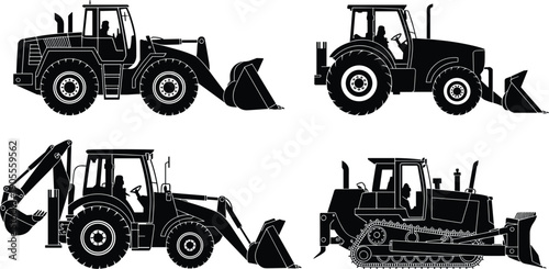Construction machinery silhouettes including tractor, loader, excavator, and bulldozer, heavy equipment vehicles for building, engineering, and industrial work illustration set