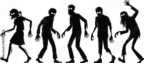 Creepy zombie silhouette collection in walking poses, undead horror characters for Halloween theme, spooky illustration isolated on white background