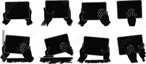 Hands holding tablet device silhouettes in various gestures, touchscreen interaction concept for technology, communication, and digital media isolated on white background