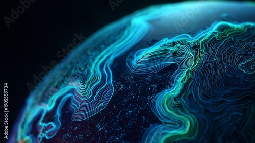 A luminous digital globe showcases dynamic, glowing teal and green topographical lines, creating an abstract representation of global data and networks.