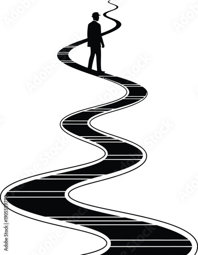 Man standing on a winding staircase with smoke forming a path upwards