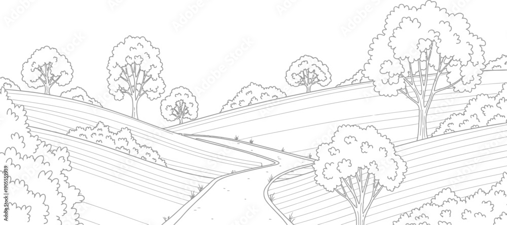 Fototapeta premium Serene landscape with rolling hills and trees in a simple black line drawing
