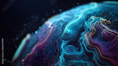 A close-up view of a vivid digital globe with intricate, glowing topographical lines in blues, purples, and oranges, symbolizing complex data patterns.