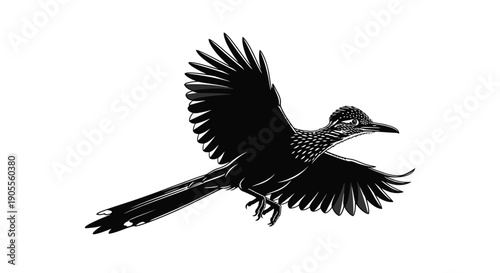 A striking image of a roadrunner in mid flight wings spread wide captured as a silhouette high quality professional detailed modern elegant stylish