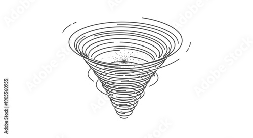 Abstract minimalist line art illustration of a powerful swirling storm vortex or tornado funnel on