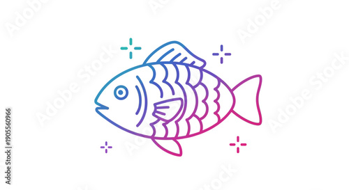 Vibrant Gradient Fish Line Art Icon with Sparkles on White Background for Aquatic Designs