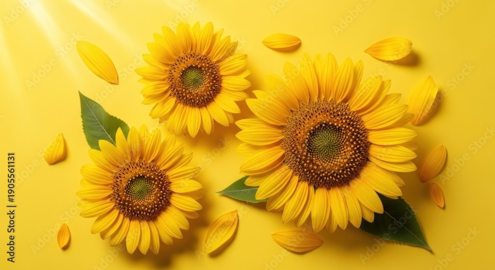 Obraz premium Three bright sunflowers with petals and leaves on a solid yellow background, sunny