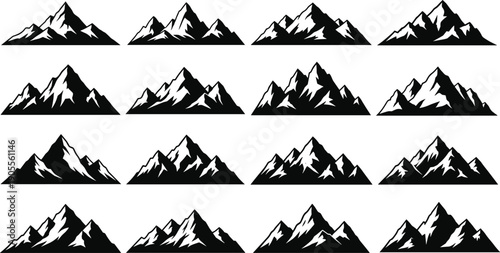 Black and white mountain illustration set featuring sixteen unique peak designs, snow‑covered outlines, angular line art graphics for outdoor, adventure, and logo projects
