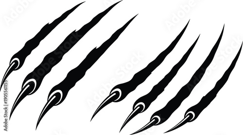 Black animal claw marks and realistic beast scratch rips set isolated on white background for monster horror design, wild predator attack concept, and aggressive sports mascot branding