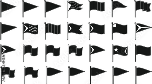Black Flag Icon Set with Various Shapes Including Triangular Pennants Waving Rectangles and Signal Flags for Web Interface Navigation Map Markers and Sports Competition Branding