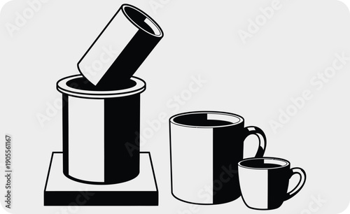 Black and white illustration of coffee cups and a mug warmer