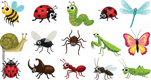 Cartoon insect illustration set featuring fifteen colorful creatures with exaggerated eyes, playful designs, and educational artwork for children’s learning, nature, and creative projects