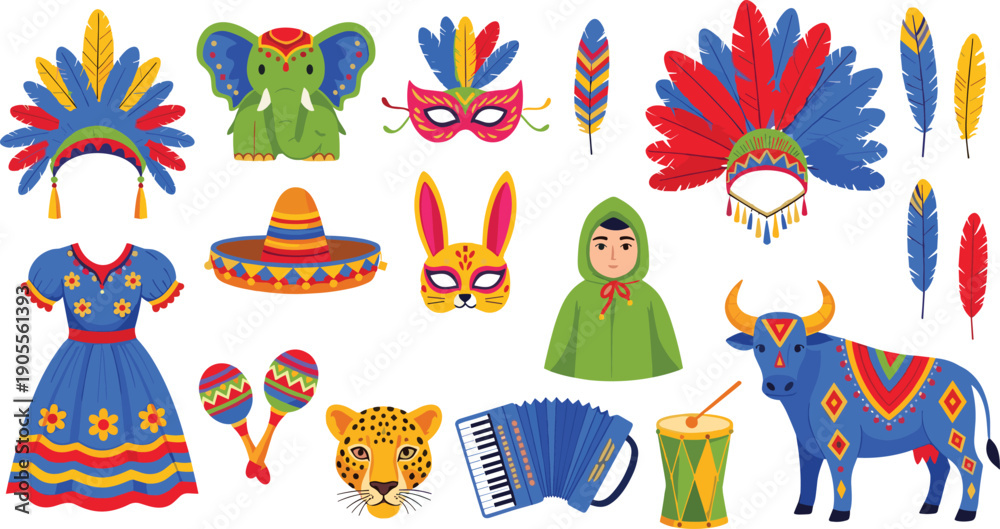 Obraz premium Festive Carnival Illustration Set with Colorful Brazilian Headdresses Maracas Traditional Dress Musical Instruments and Decorated Animals Like Elephant Leopard and Bull for Party Designs