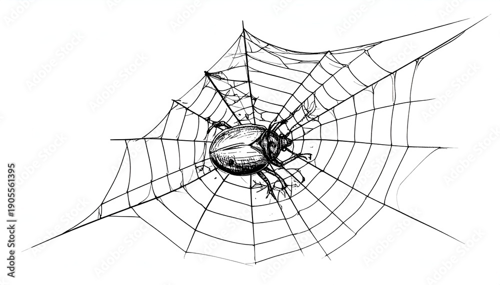 Obraz premium Sketched spider in a web. Delicately drawn web with a spider in the center, on a white background. Simple yet elegant