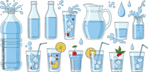 Colorful water container and glass illustration set with bottles, pitcher, ice cubes, fruit slices, straws, and droplets emphasizing hydration, freshness, and healthy lifestyle design