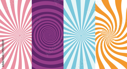 Colorful spiral patterns, radial burst designs, optical illusion graphics, hypnotic vortex art, dynamic abstract backgrounds, vibrant visual elements, flat vector illustration