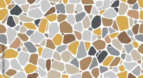 Irregular mosaic stone tile pattern in shades of gray, brown, beige, and mustard yellow with white outlines for flooring, wall decoration, and artistic design projects