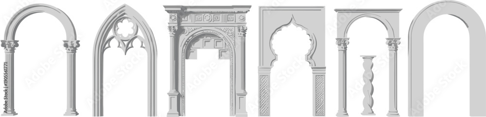 Fototapeta premium Vector Illustration Set of Classic Architectural Arches Gothic Renaissance and Moorish Doorway Designs with Roman Columns and Ornate Stone Frames for Luxury Interior Design Projects