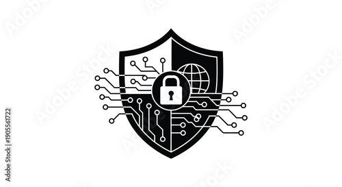 Digital security shield with a padlock circuitry and globe black silhouette
