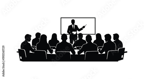 Business meeting in progress with a presenter a stark black silhouette