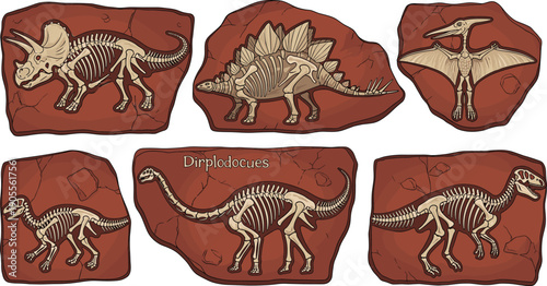Vector Dinosaur Fossil Illustration Set on Rock Background Featuring Triceratops Stegosaurus Pterodactyl and Diplodocus Skeleton Bones 