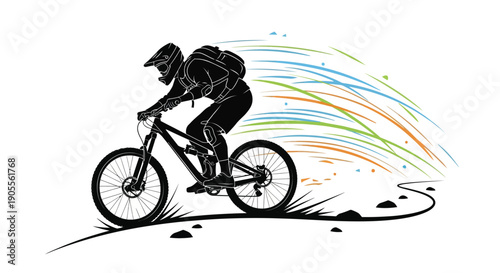 A dynamic cyclist rides a mountain bike downhill depicted in a striking black silhouette high quality professional detailed modern elegant stylish clean