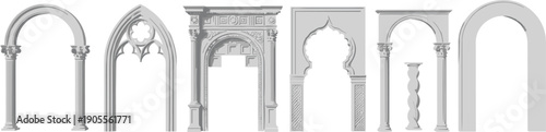 Vector Illustration Set of Classic Architectural Arches Gothic Renaissance and Moorish Doorway Designs with Roman Columns and Ornate Stone Frames for Luxury Interior Design Projects