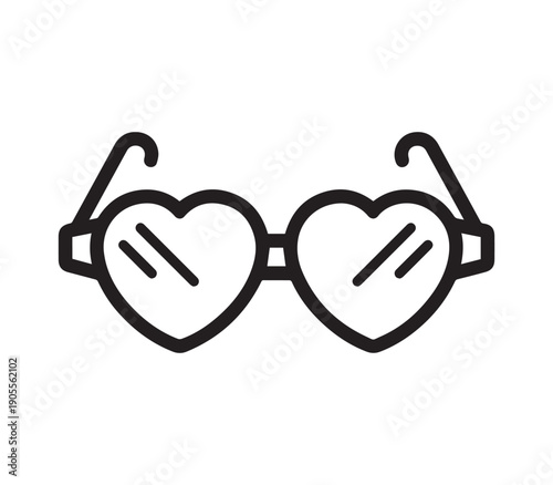 Black and white outline illustration of heart-shaped sunglasses, symbol of love and fashion.