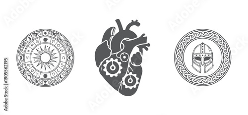Set of mystical symbols including zodiac sun dial, mechanical clockwork heart, and Viking helmet