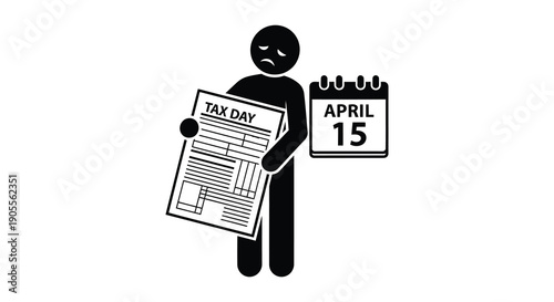 A sad figure holding tax forms and a calendar april 15th silhouette