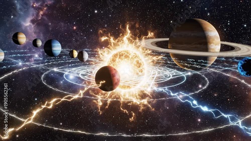 A glowing central star illuminates multiple planets on circular orbits within a vast, dark, star-filled cosmic galaxy.