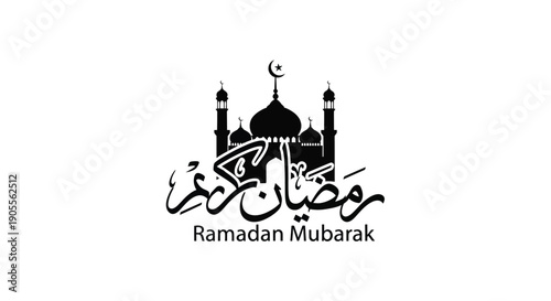 A striking black silhouette depicts a mosque and crescent moon with arabic calligraphy ramadan mubarak silhouette high quality professional detailed modern elegant