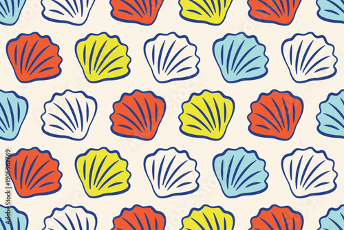 Hand drawn sea animals seamless pattern. Mediterranean wall art with seashells. La dolce vita background. Hand drawn doodle Seafood elements in Italian style. Vector flat illustration