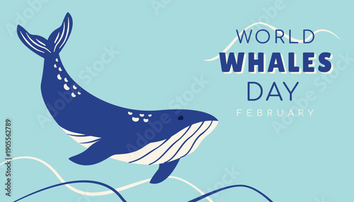WebWorld Whales Day background. Blue whale swimming in ocean.  Whale watching, protection, care, promoting awareness. Marine conservation and ocean health concept.Vector illustration