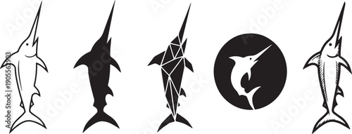 Collection of five stylized swordfish icons in various design styles, including outlines and silhouettes Vector