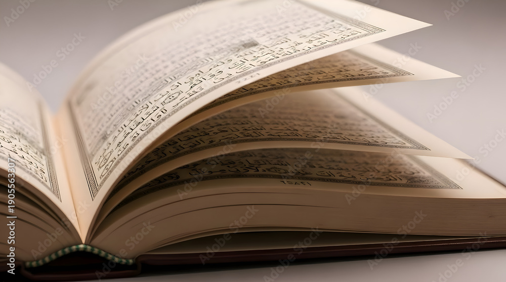 Fototapeta premium An Quran with pages turned down, displaying text, on a gray surface, viewed from the side