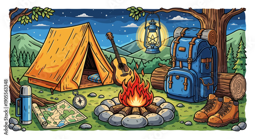Cozy Campsite Scene with Tent, Campfire, Backpack, Guitar, and Moonlit Night Sky