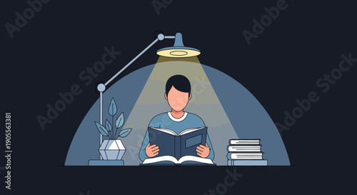 Person reading book under desk lamp at night, studying, learning, knowledge