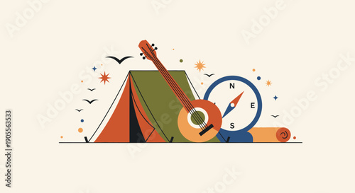Camping Adventure Flat Illustration: Tent, Banjo, Compass, Sleeping Bag, Birds