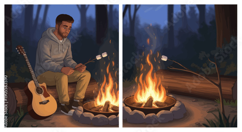 Man Roasting Marshmallows by Campfire with Guitar in Forest
