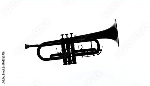 Sleek, black trumpet silhouette angled on a crisp white background, highlighting its curvy shape and details