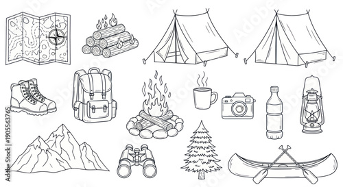 Camping Gear and Outdoor Adventure Icons - Hand-drawn Sketch Collection