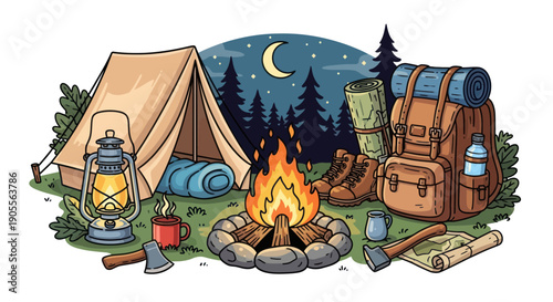 Camping Adventure: Tent, Campfire, Backpack, Lantern, Map at Night