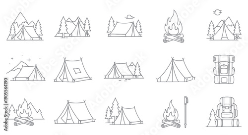 Camping Icons: Tents, Campfires, Backpacks, Mountains, Trees, Hiking Gear