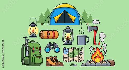 Camping Gear Flat Illustration: Tent, Backpack, Campfire, Tools, and Supplies