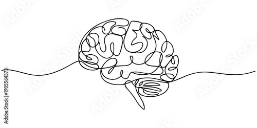 One line brain sketch poster drawing with frame. Abstract minimal, brain continuous one line drawing, Continuous one line drawing of human brain. Hand drawn minimalism style, idea and intelligence